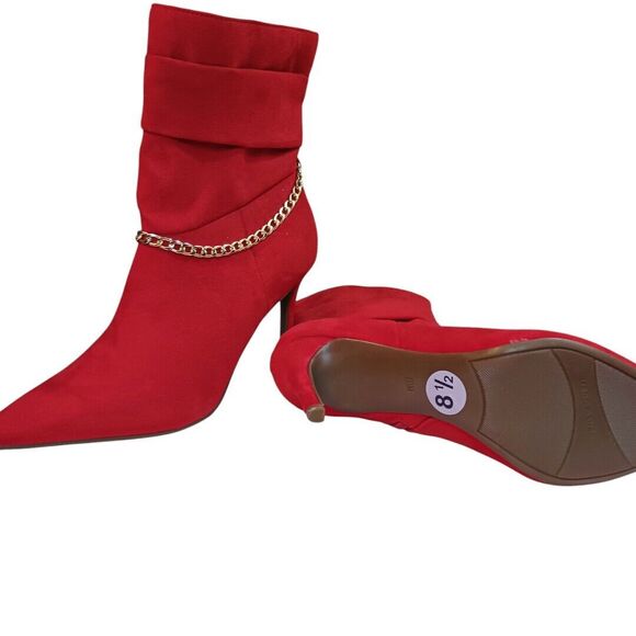 NWOT Marc Fisher Red Suede Ankle Boots 8.5 Gold Chain Stiletto Heels Bold Fierce - Picture 7 of 10
